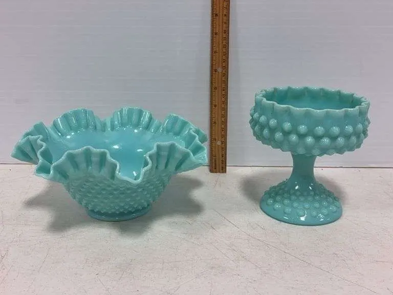 Fenton hobnail blue milk glass bowl & compote