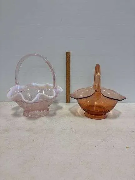 Pink opalescent & other glass baskets