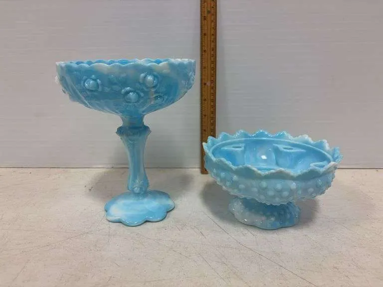 Fenton blue slag compote & candle bowl