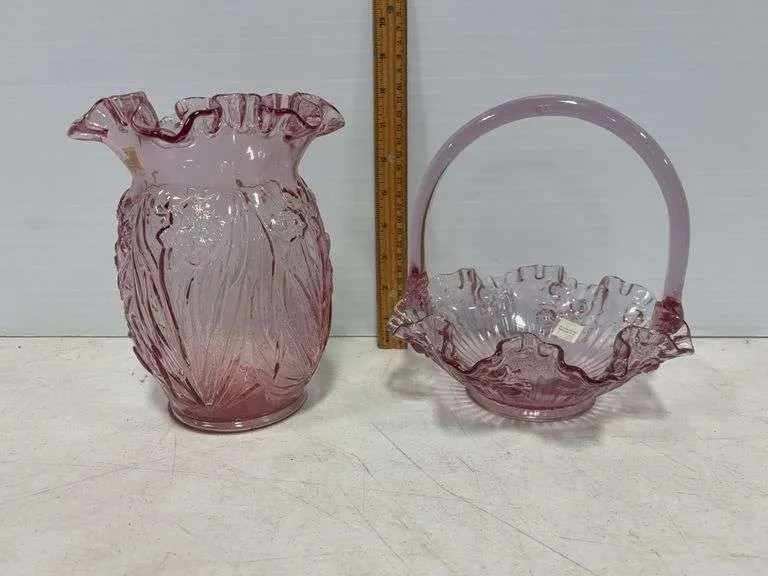 Fenton ruffled cranberry vase & basket