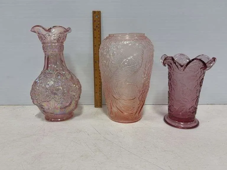 Iridescent pink & other vases