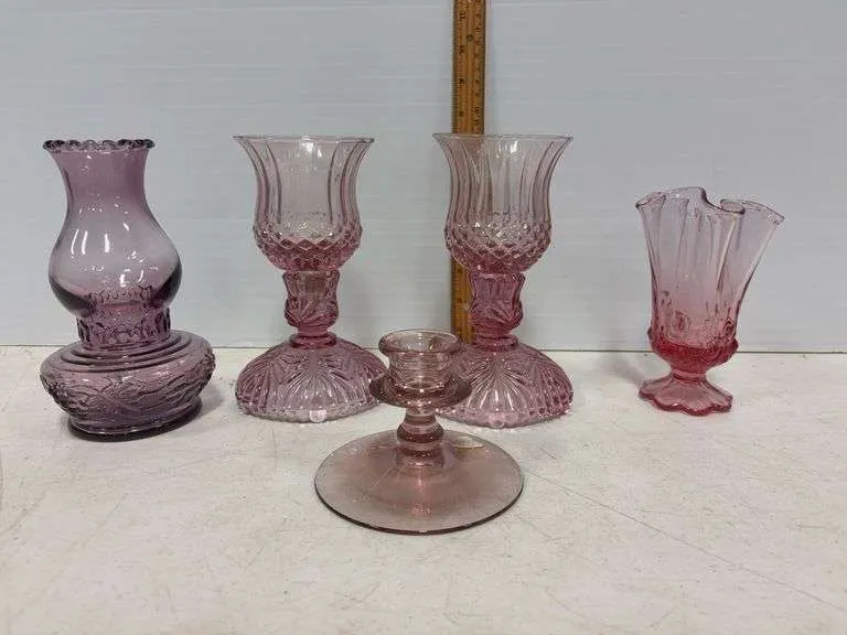 Fenton cranberry candle holders, vase, lamp