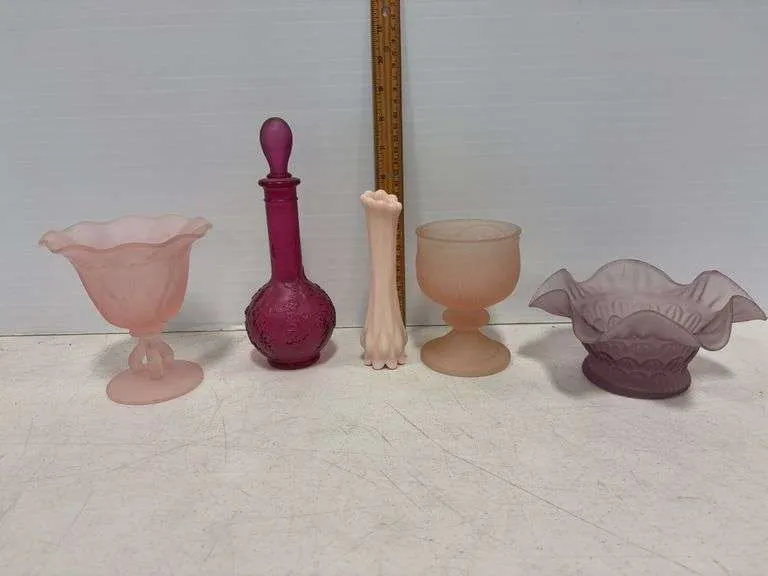 Pink frosted glass compote & goblet, purple frosted bowl, perfume bottle