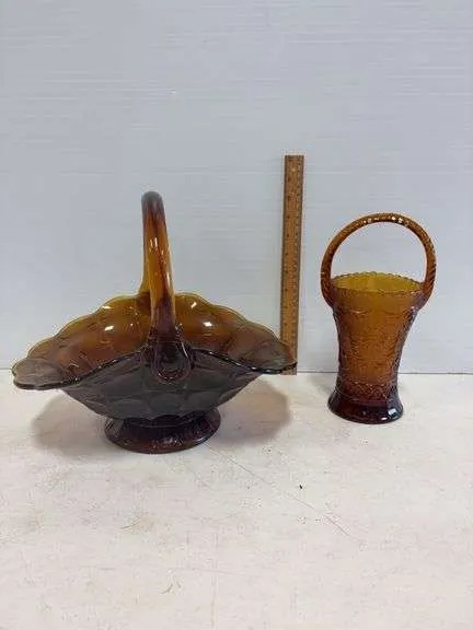 (2) Amber colored glass baskets