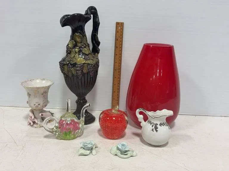 Red art glass vase, grape pitcher, paper weights, decorative vase & pitcher