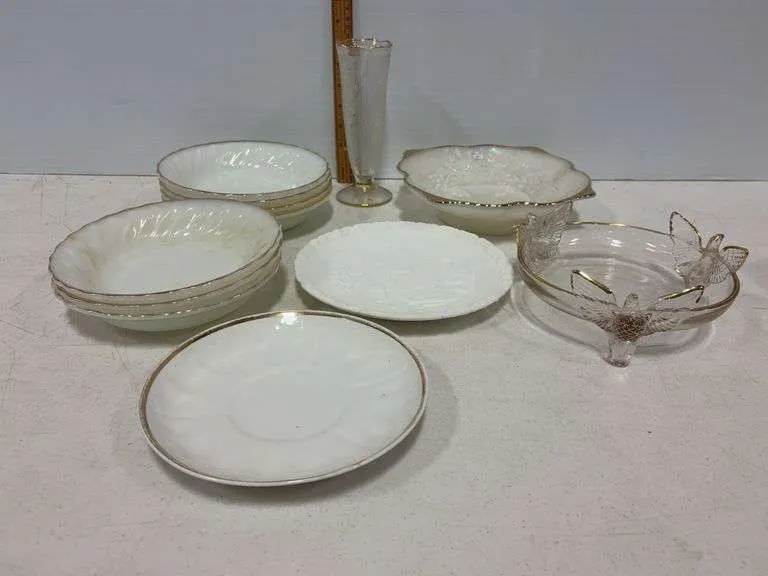Gold trimmed plates, bowl, eagle footed bowl, vase, Bicentennial plate