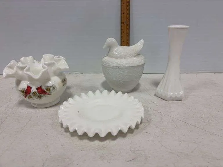 Fenton milk glass hand painted vase, plate, dove on a nest