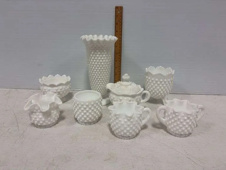 Milk glass hobnail vases, pitchers, & more- includes Fenton