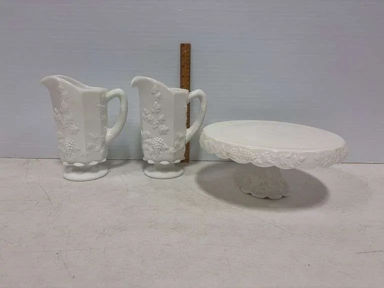 Westmoreland milk glass paneled grape pitchers & cake stand