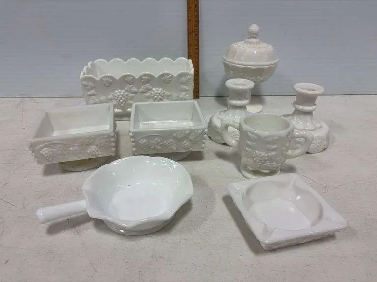 Westmoreland milk glass paneled grape planter, footed dishes, compote, candle holders, ashtray, & more