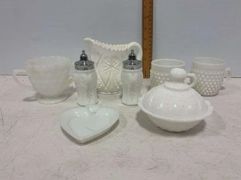 Fenton hobnail children's cups, covered dish, pitcher, S&P & more