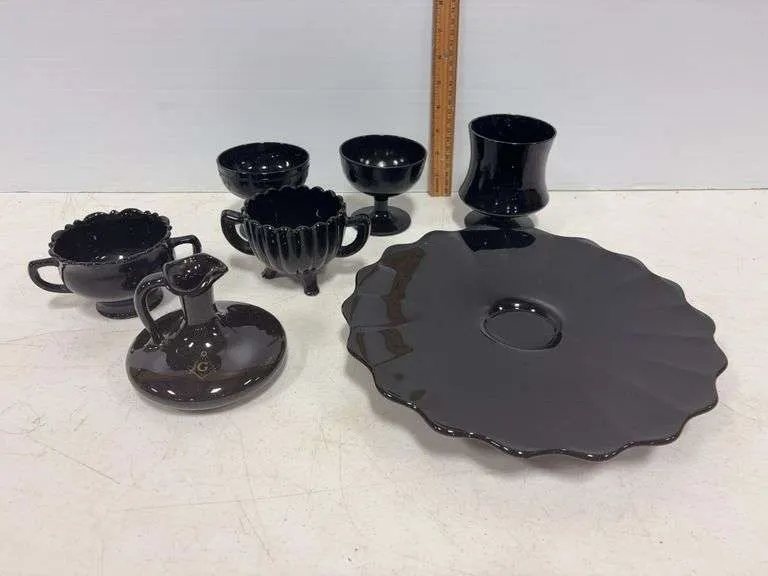 Black sugar dishes, cake stand & misc
