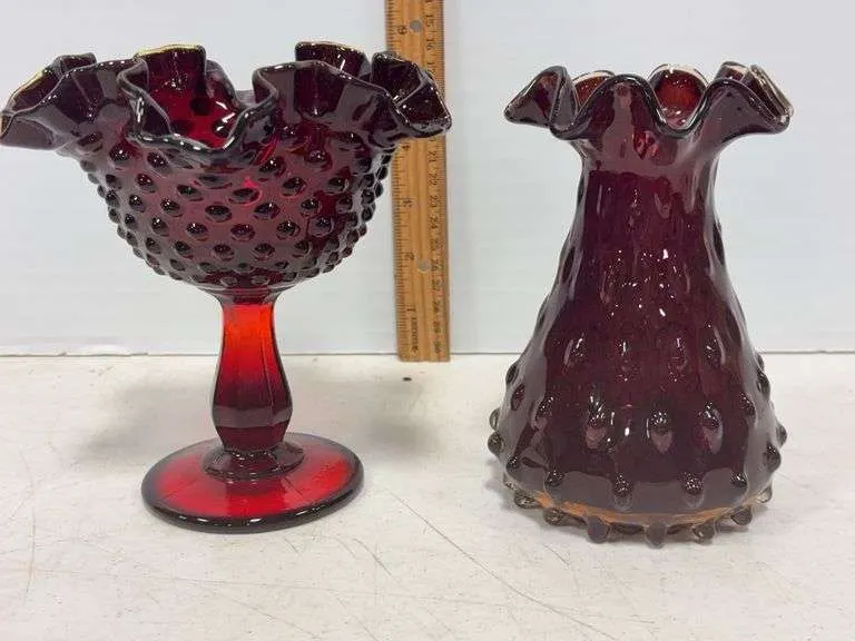 Fenton hobnail ruby red compote & vase