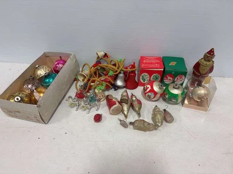 Vintage wind up Santa, ornaments & bells