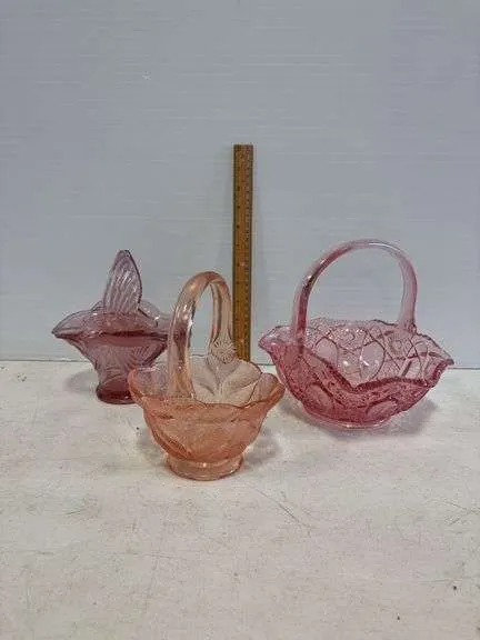 (3) pink glass baskets