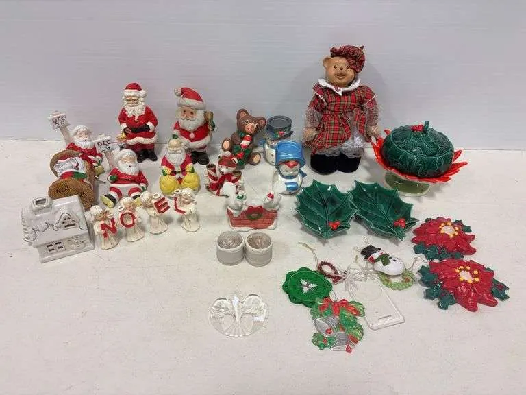 Ceramic Christmas Santas, bears & figurines, poinsettia decor, misc