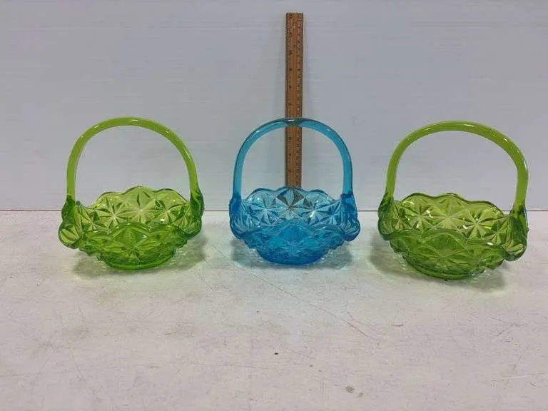 (3) glass baskets (2) green (1) blue- possibly Indiana