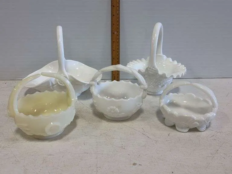 (5) milk glass baskets