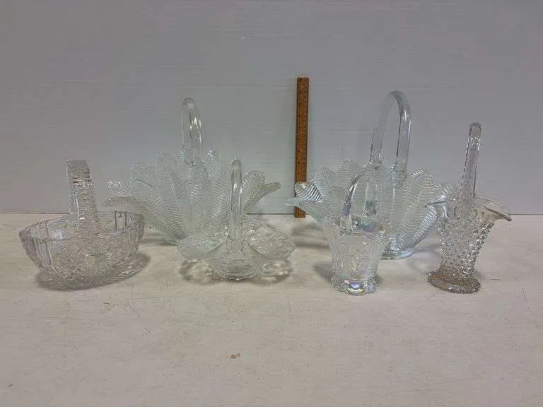 Assortment of clear glass baskets- includes opalescent