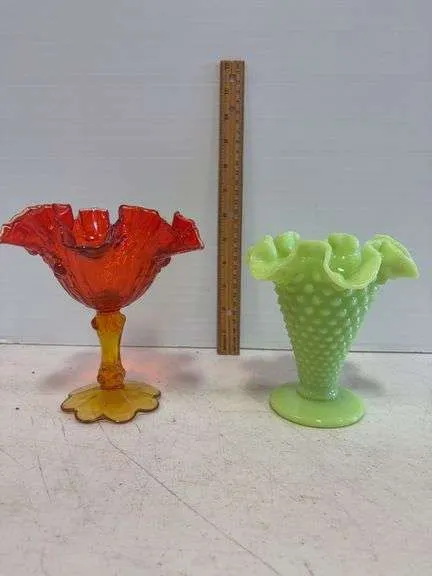 Fenton Amberina compote & lime green vase
