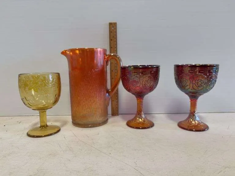 Carnival glass pitcher & goblets- includes Amber goblet