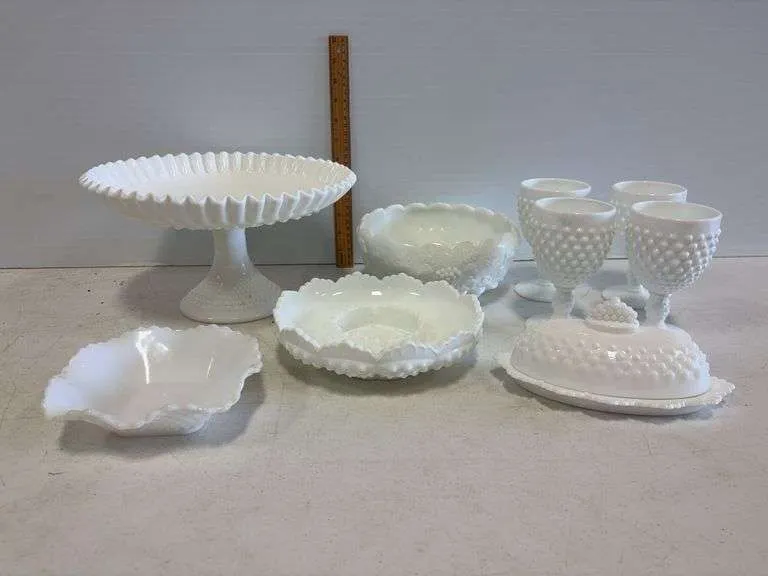Milk glass cake stand, goblets, butter dish, bowls