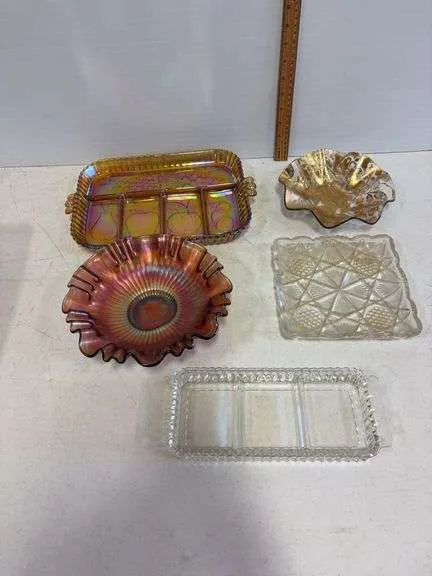 Carnival glass serving tray & bowl, various glass trays & bowl