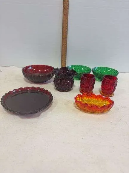 Ruby Red Fenton vase, Ruby Red bowl, plate, green bowls, Amberina glasses & dish