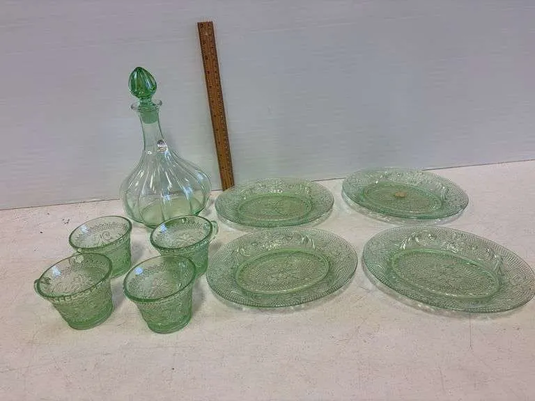 Green Tiara glass decanter, plates, & cups