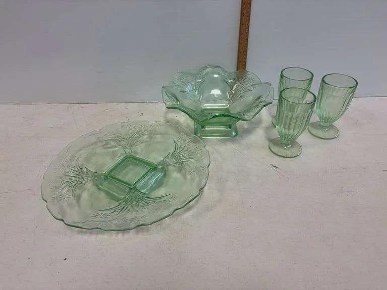 Green Tiara glass stand, bowl, & goblets