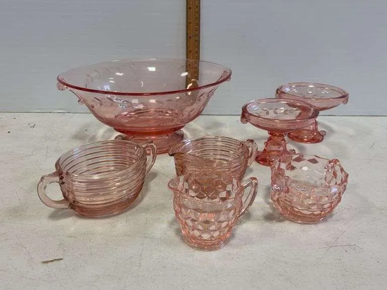 Pink depression bowl, condiment bowls, sugar & creamer dishes