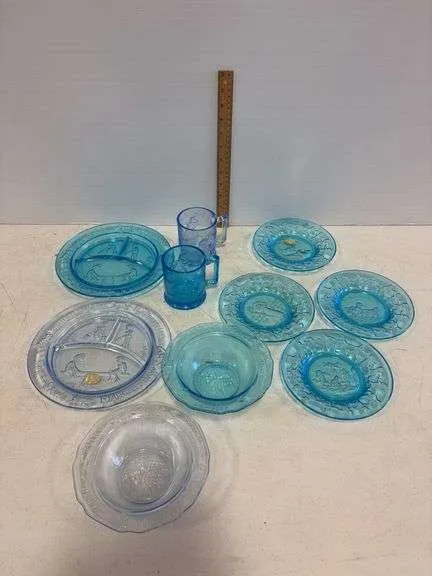 Blue glass Nursery Rymes plates, bowls, & cups