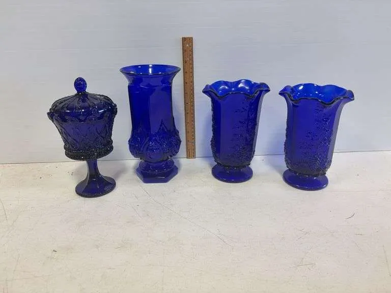 Coblat blue Tiara vase, compote, & other vases- includes Indiana