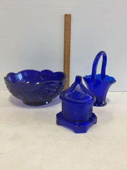 Cobalt blue bowl, basket, & honey dish