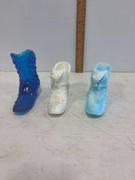 (3) Fenton glass boots- blue & milk glass