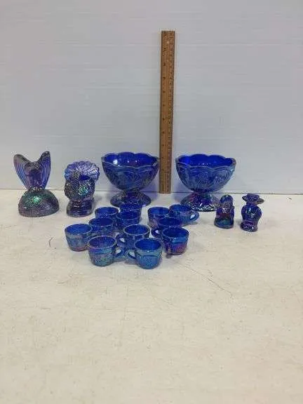 Iridescent Cobalt blue dishes, mini cups, figurines