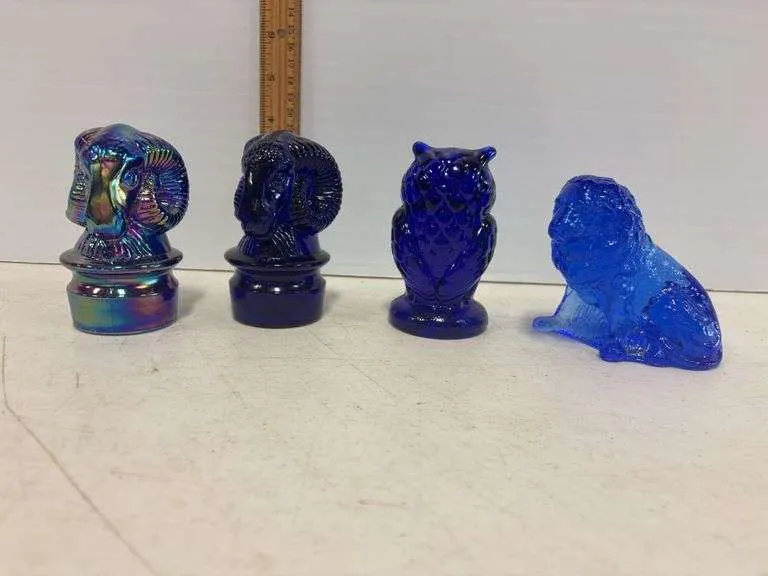 Mosser cobalt blue rams head, owl, lion paper weights