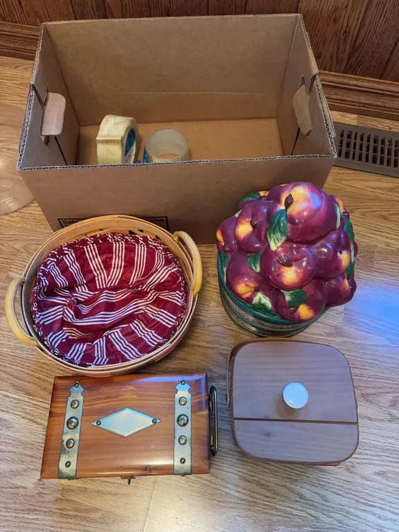 Baskets one is a Longaberger, wooden box & more