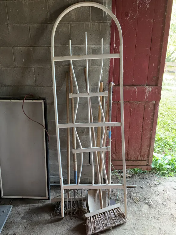 Shovels, fork, gardening hoes?? & trellis