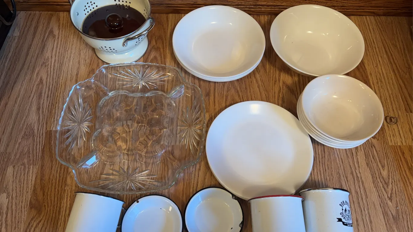 Corelle dishes & enamelware cups
