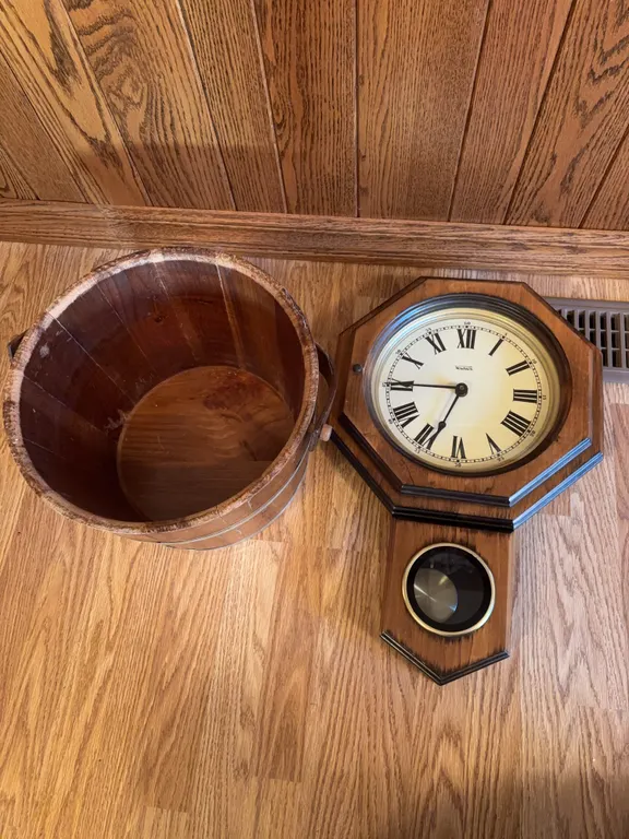 Clock & wood bucket