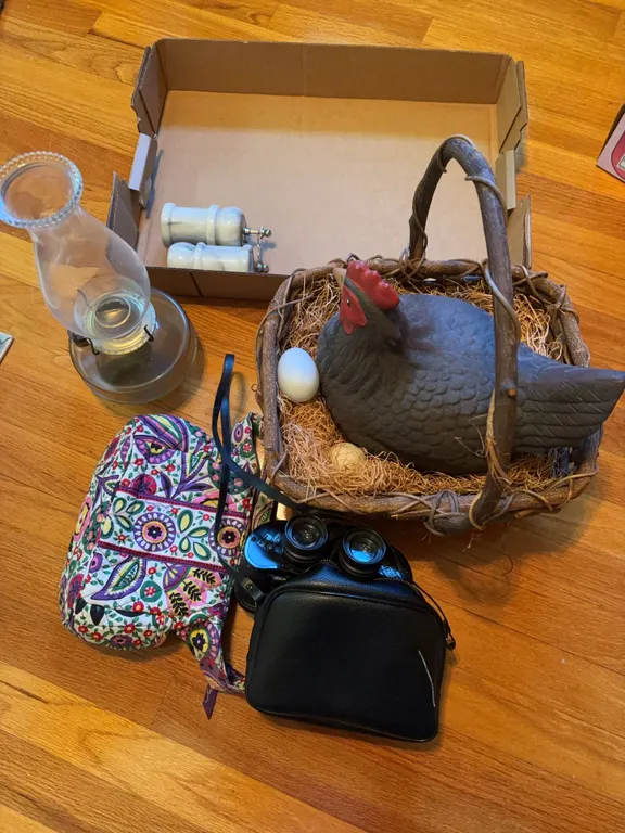 Oil lamp, binoculars & more