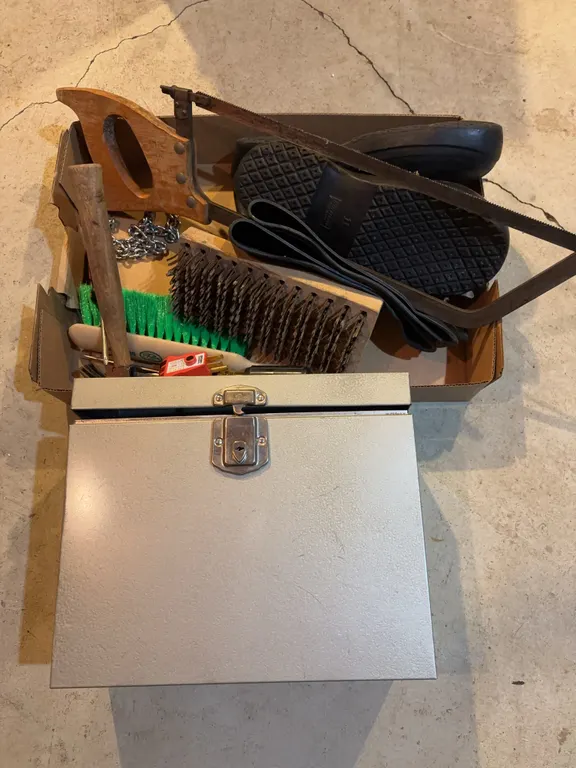 Hand saw, metal records box & more
