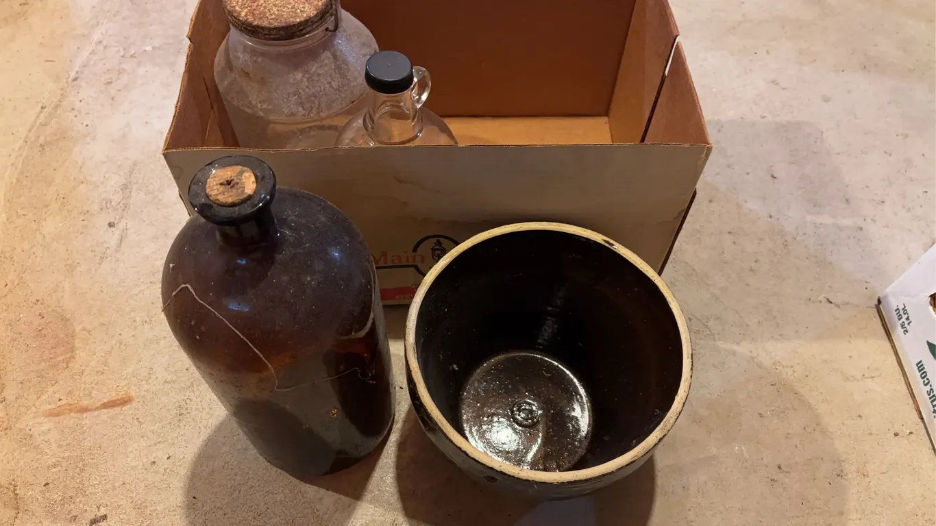 Crock planter and bottles/jar