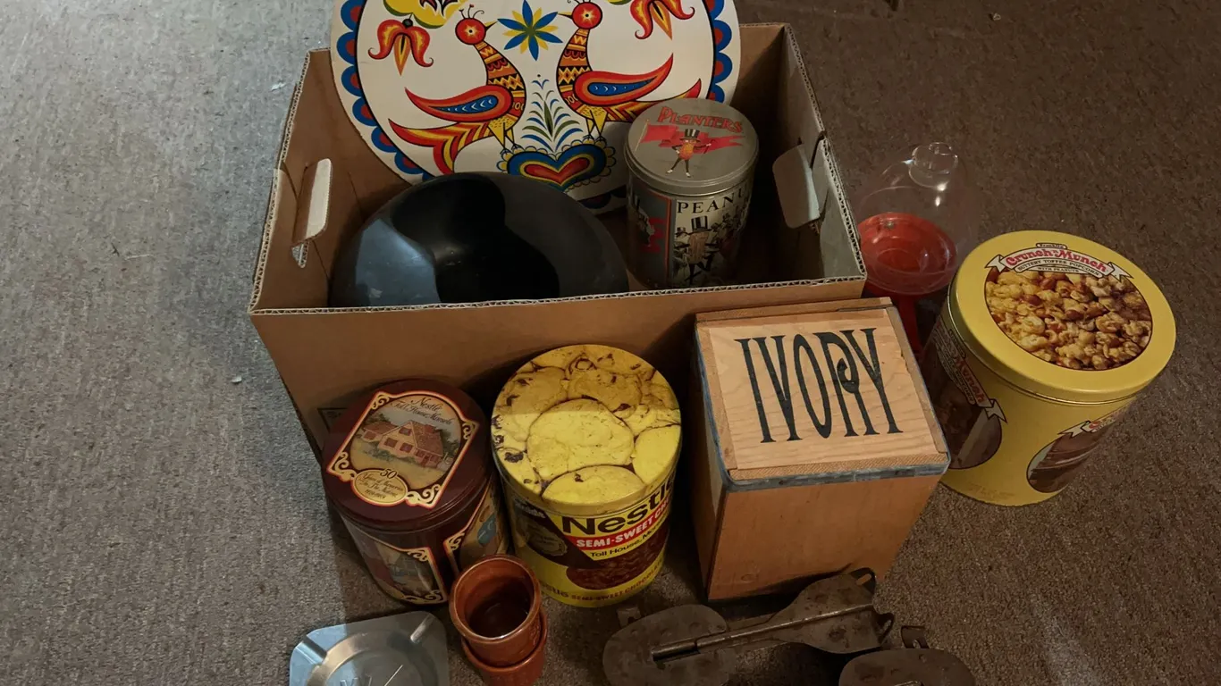 Vintage Items Including Tins, Ivory Soapbox, Roller Skates & More
