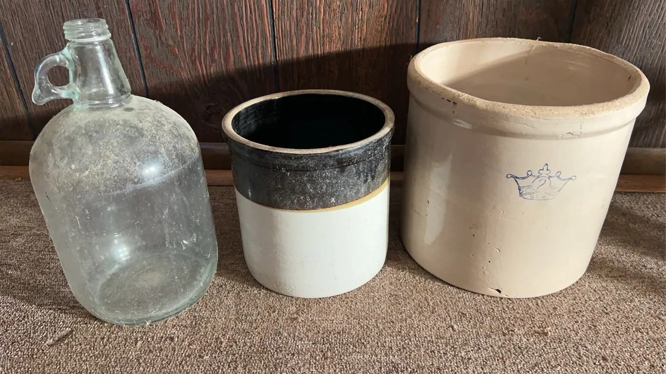 (2) Vintage Stoneware Crocks & Glass Jug