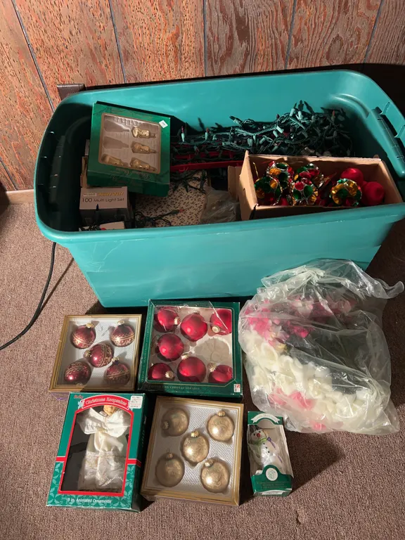 Large Tote Filled W/ Christmas Decor Including Ornaments, String Lights, Figurines & More