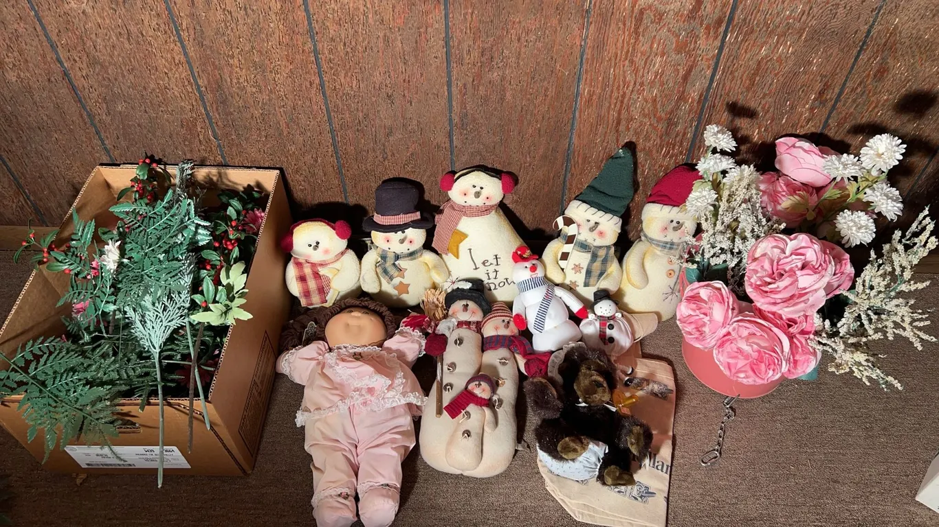 Holiday Decor Including Snowmen, Flowers, Cabbage Patch Doll & More