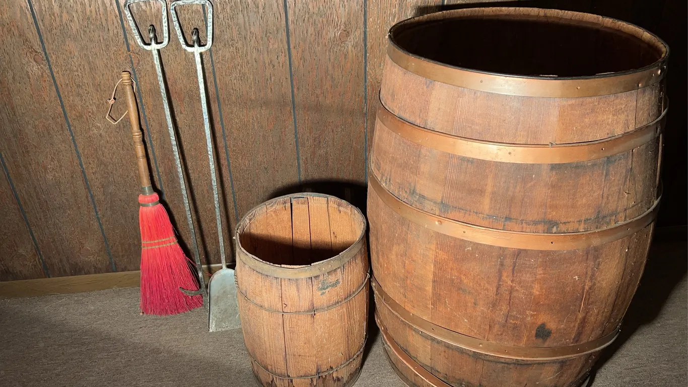 (2) Wooden Barrels -18� & 34� Tall & Fireplace Tools
