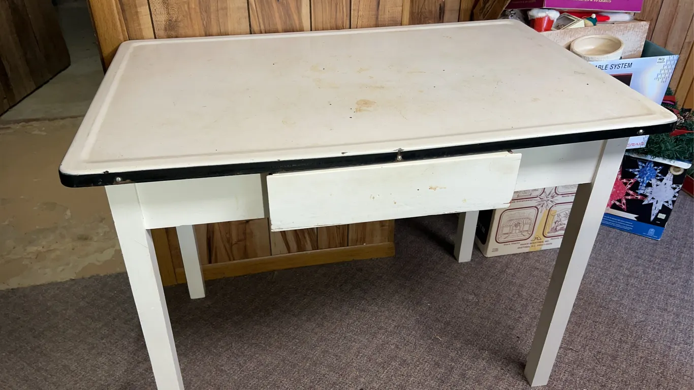 Enamel Topped Wooden Table W/ Drawer Including Contents -40�x25�x30� -Located in Basement